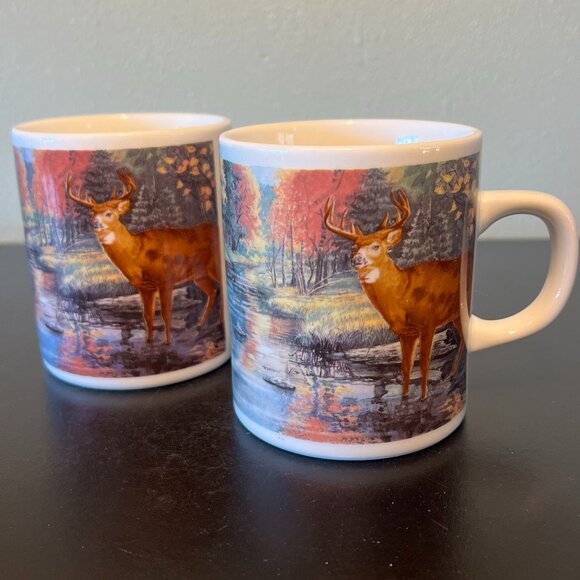 Two Vtg FRIENDS OF THE WETLANDS  Deer, Fawn, Doe & Buck, Woodland Ceramic Mugs - Picture 3 of 12